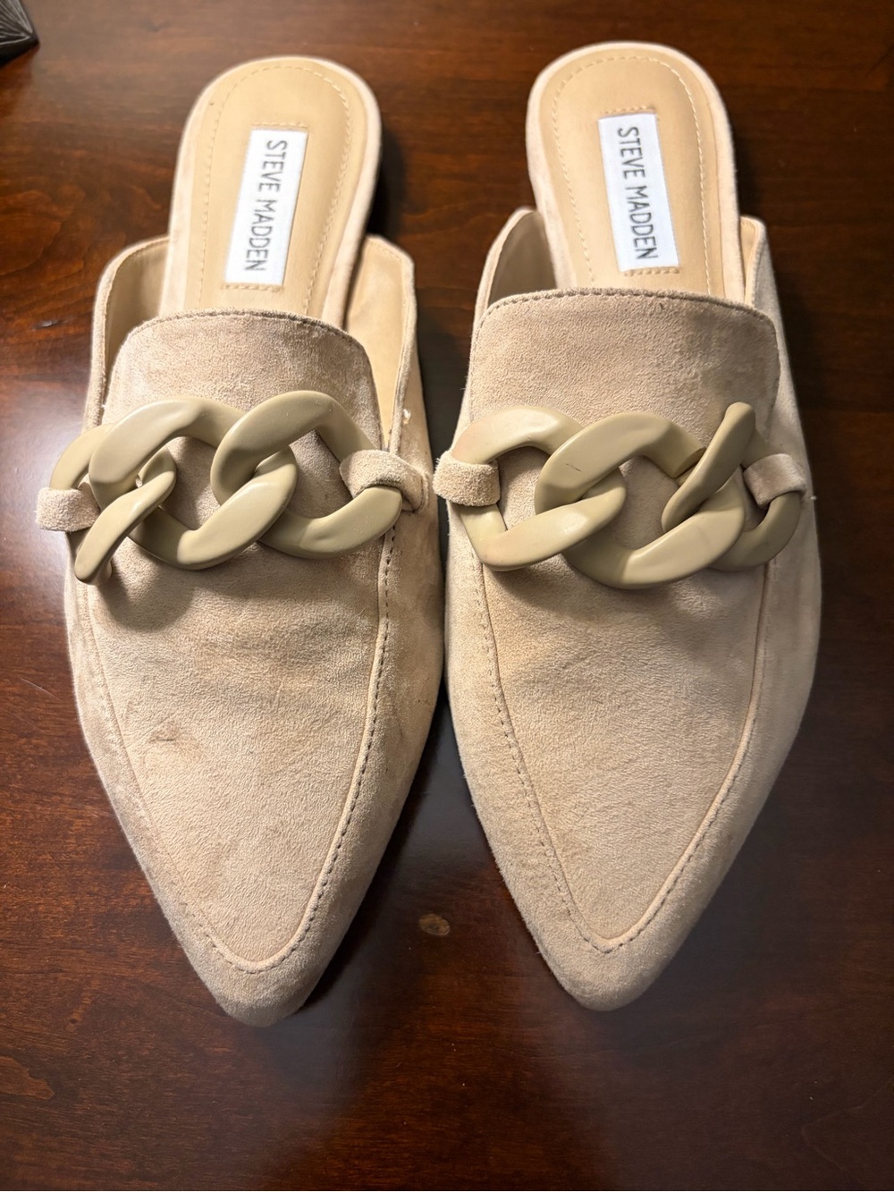 Steve Madden Beige/Tan Suede Chain-Trim Slip-On Mules